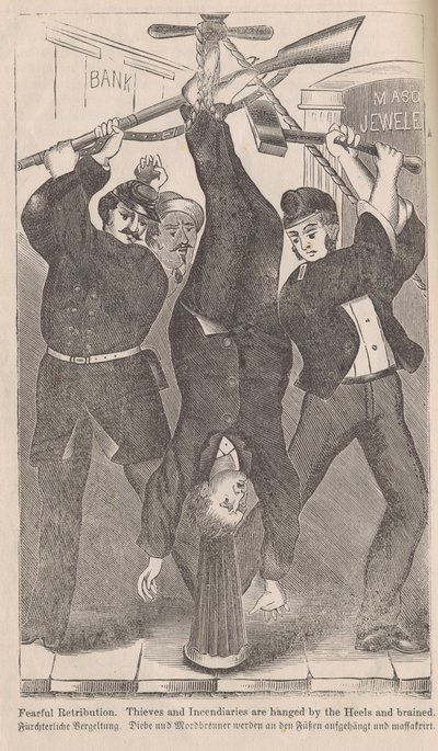 Fearful Retribution, Thieves and Incendiaries are Hanged by the Heels and Brained, from The Great Fires of Chicago by George L. Barclay, 1872 by American School